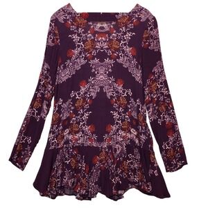 Free People Tunic Blouse Size L Purple Floral Paisley Boho Peasant Castlecore